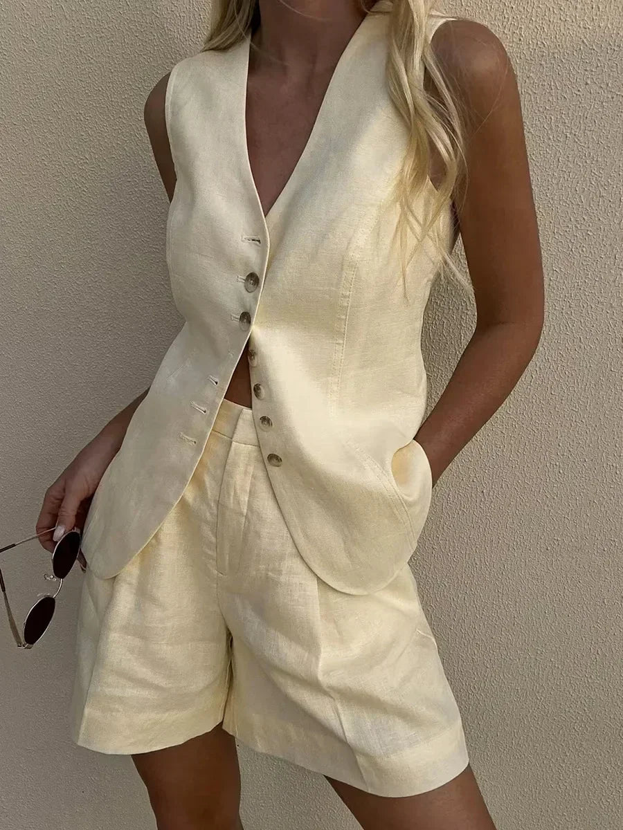 Cotton and linen elegant casual shorts and vest set
