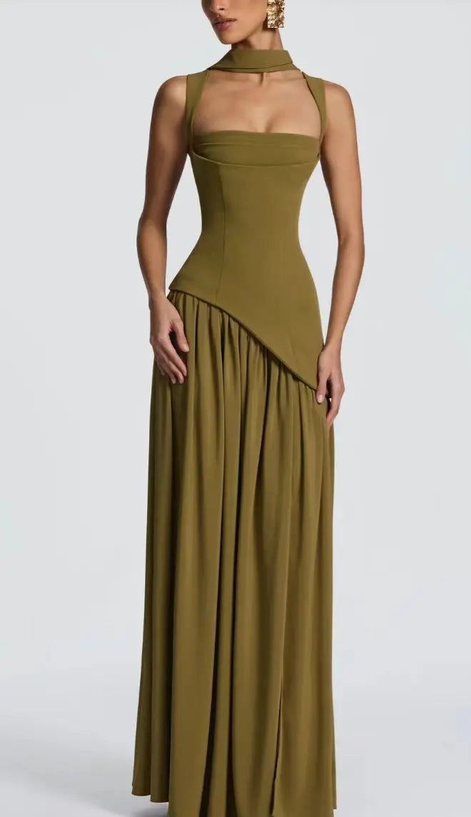 Elegant Olive Green Long Dress