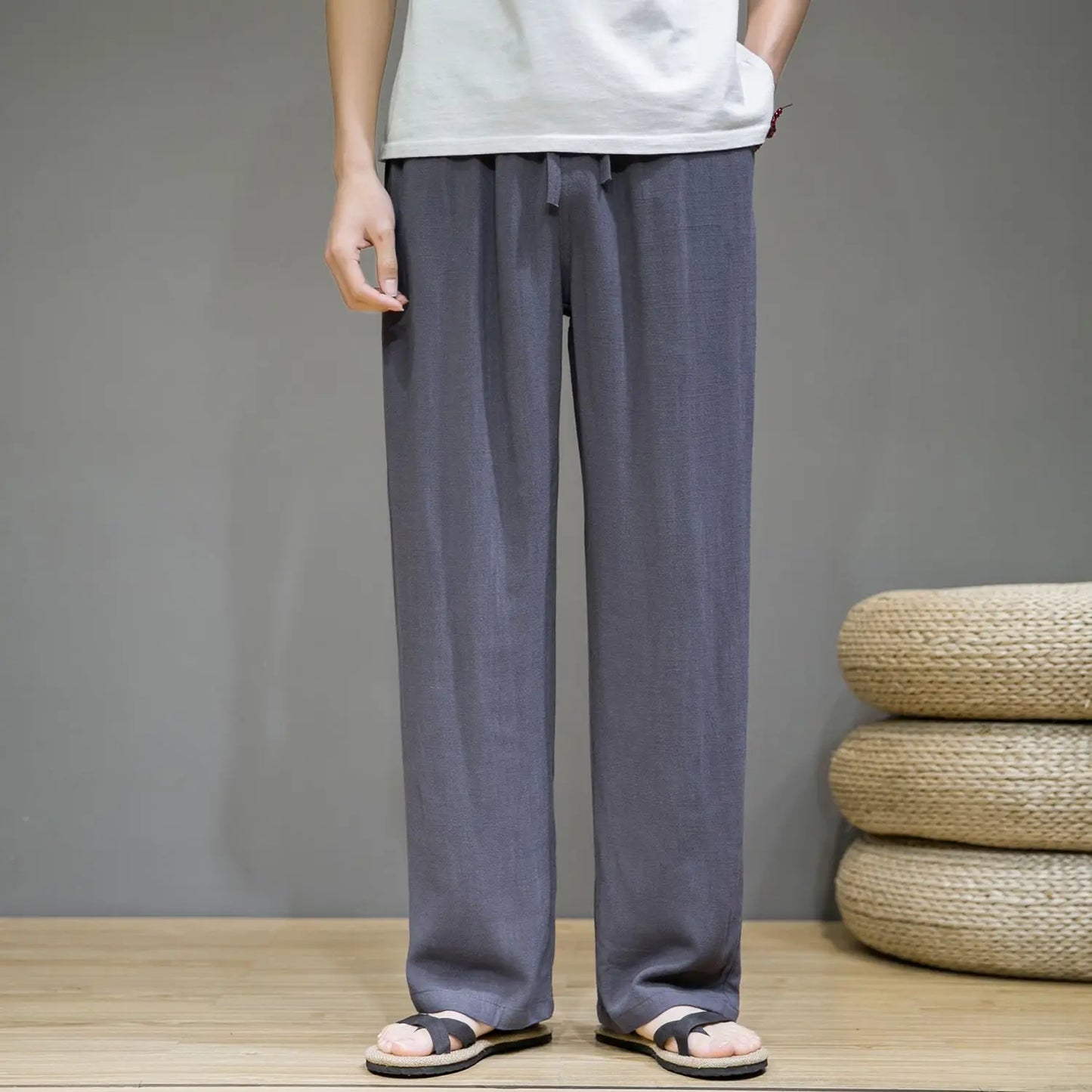 Linen Pants with Straight Cut, Elastic Waist