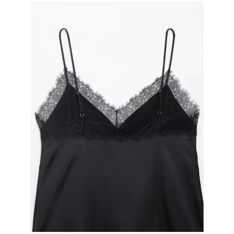 Sexy Satin Cami Top with Lace Trim