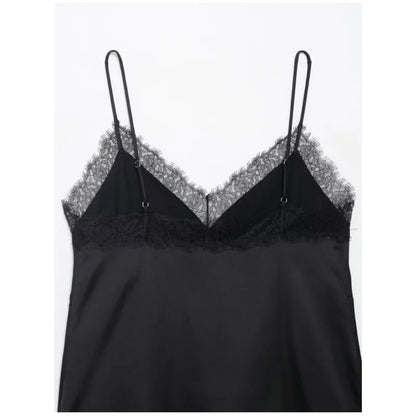Sexy Satin Cami Top with Lace Trim