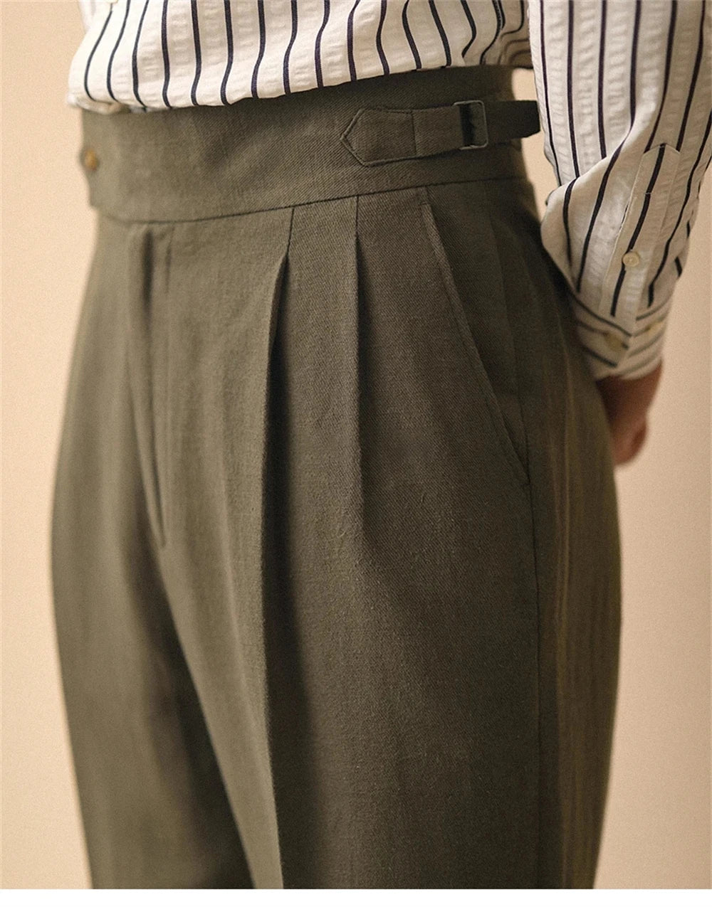 Men's Straight-Leg Linen Pants, Business Casual Summer Trousers, Naples, Paris Buckle, Drapey, High-Waisted Formal Pants for Men