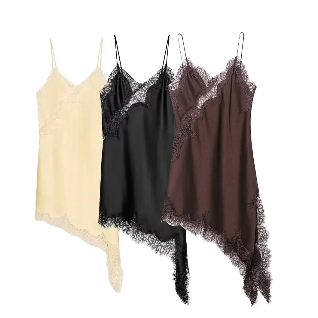 spliced satin lace sheer dress