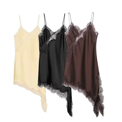 spliced satin lace sheer dress