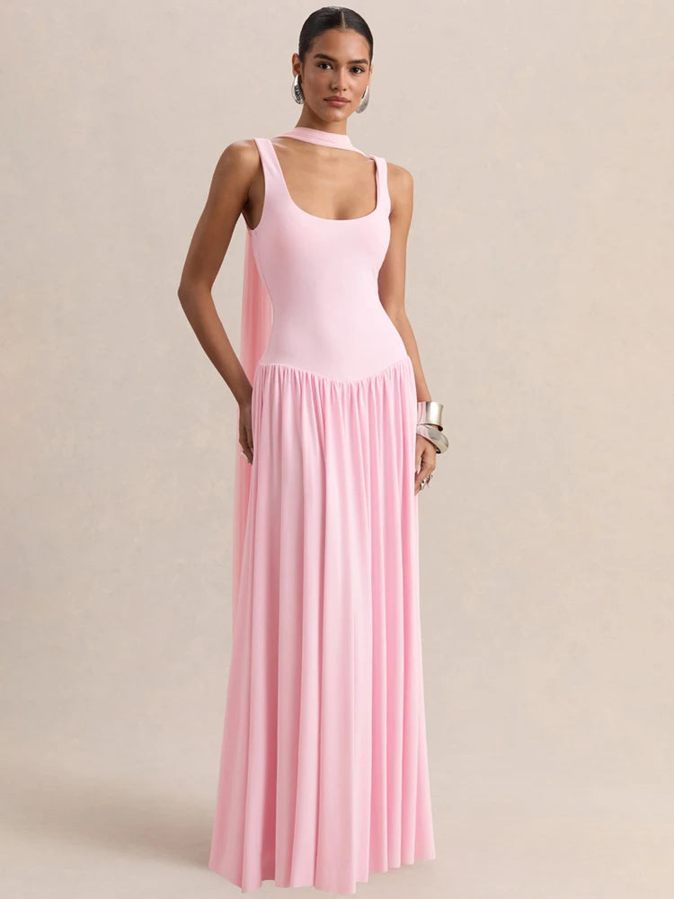 vestido largo sin mangas con cuello en U