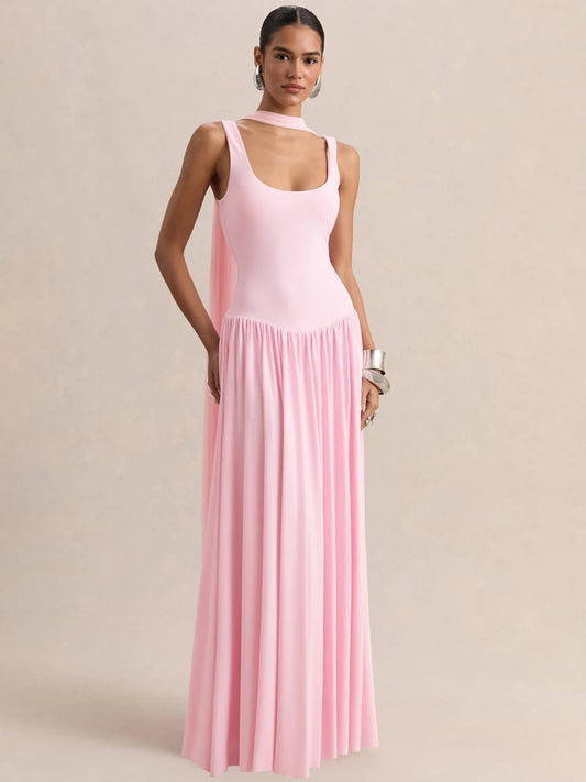 vestido largo sin mangas con cuello en U