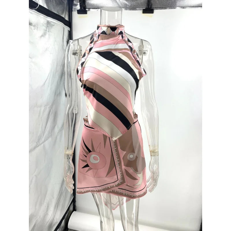 Halter Printed Miniskirt Sets Sexy Sleeveless Top