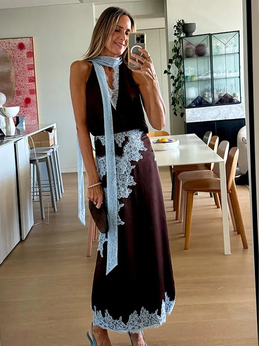 Traje de falda larga de encaje de retales