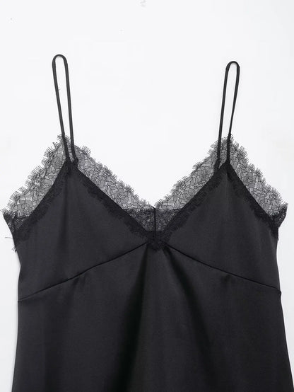 Sexy Satin Cami Top with Lace Trim