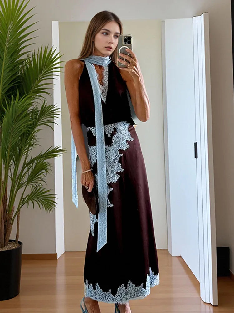 Patchwork lace long skirt suit