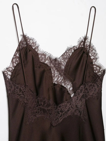 spliced satin lace sheer dress