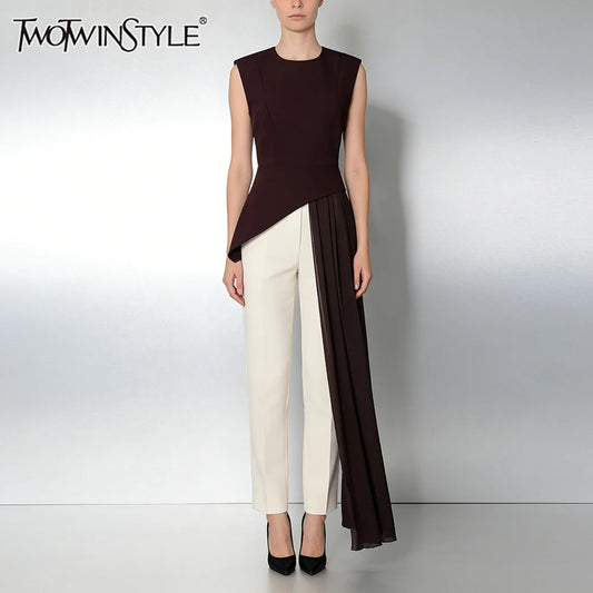 elegant high-waisted sleeveless round neck blouse
