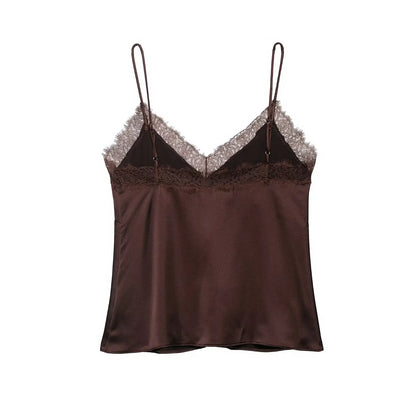 Sexy Satin Cami Top with Lace Trim