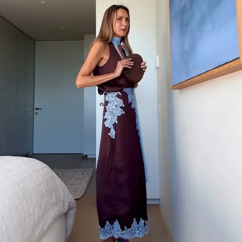 Patchwork lace long skirt suit