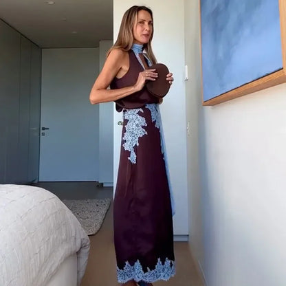 Patchwork lace long skirt suit
