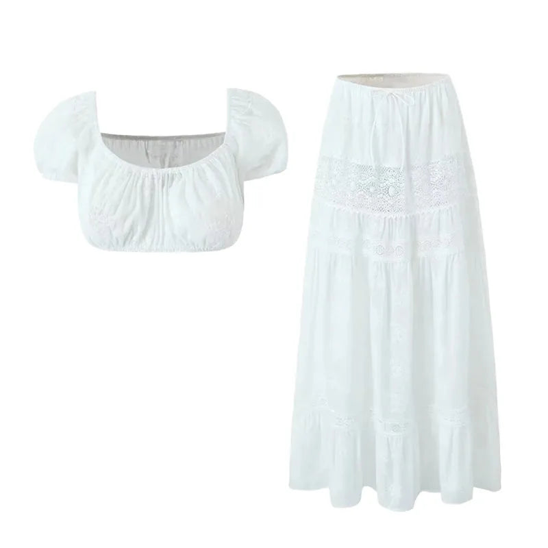 2-piece white spring outfit for women, sexy cotton matching set, lace skirt set, summer beach vacation dress, female outfit 2025