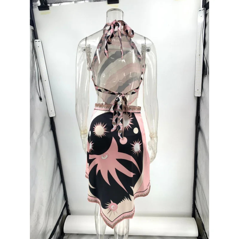 Halter Printed Miniskirt Sets Sexy Sleeveless Top