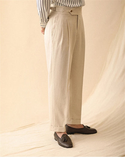 Men's Straight-Leg Linen Pants, Business Casual Summer Trousers, Naples, Paris Buckle, Drapey, High-Waisted Formal Pants for Men