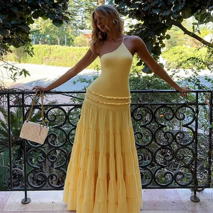 vestido espalda descubierta Sexy volantes elegante plisado Maxi
