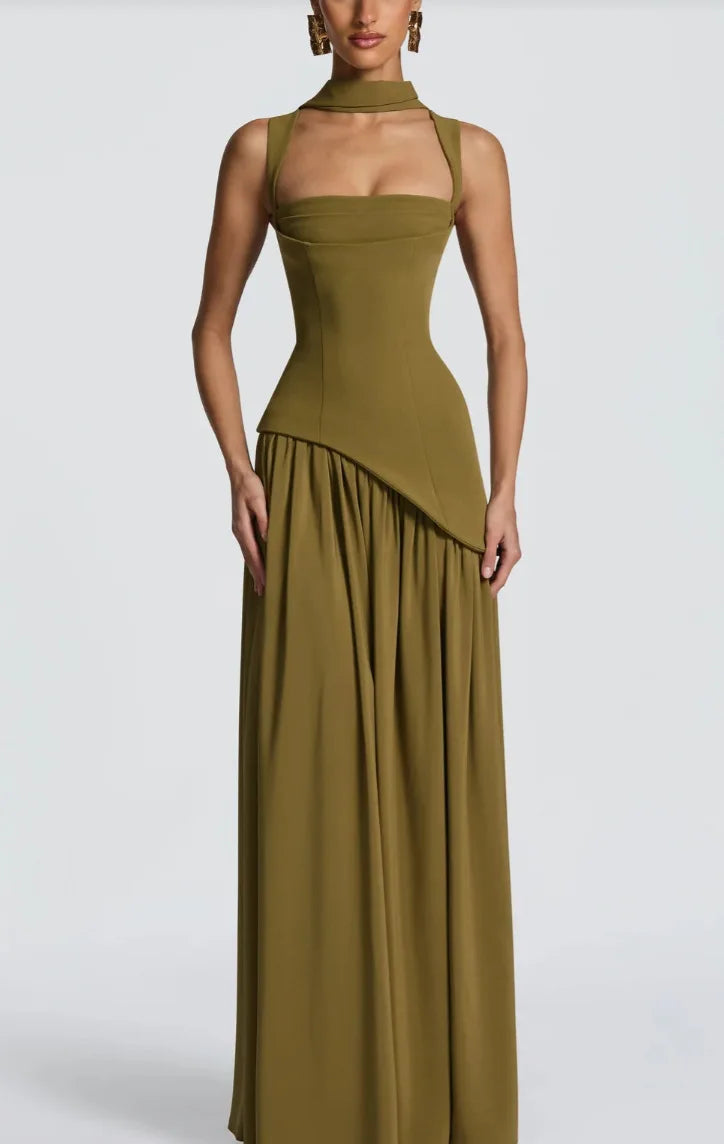 Elegant Olive Green Long Dress