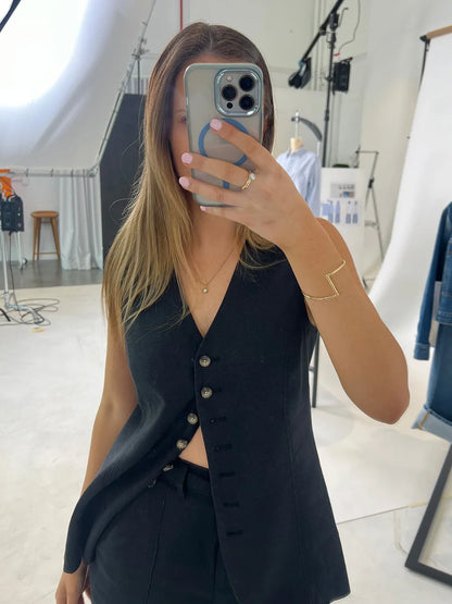 Conjunto de pantalones cortos y chaleco informal elegante de algodón y lino