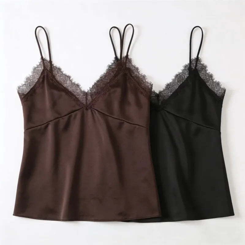 Sexy Satin Cami Top with Lace Trim