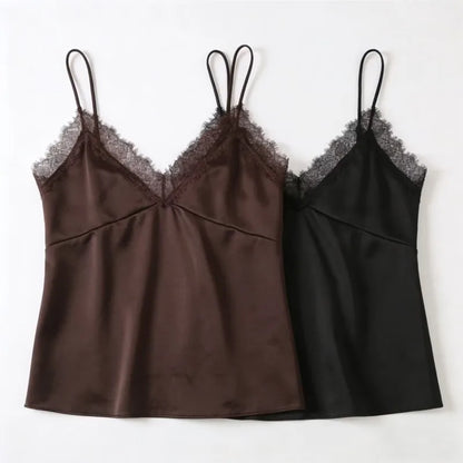 Sexy Satin Cami Top with Lace Trim