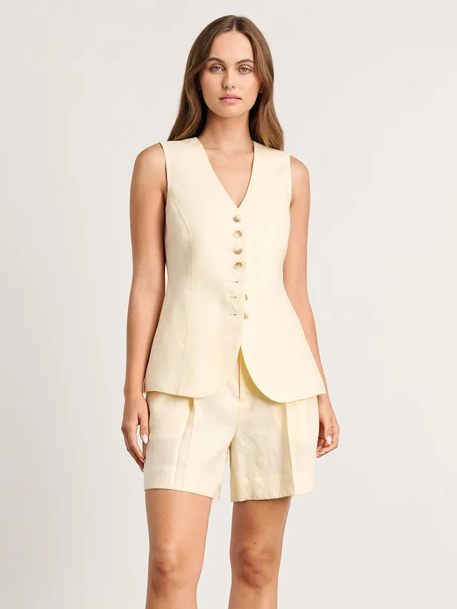 Conjunto de pantalones cortos y chaleco informal elegante de algodón y lino