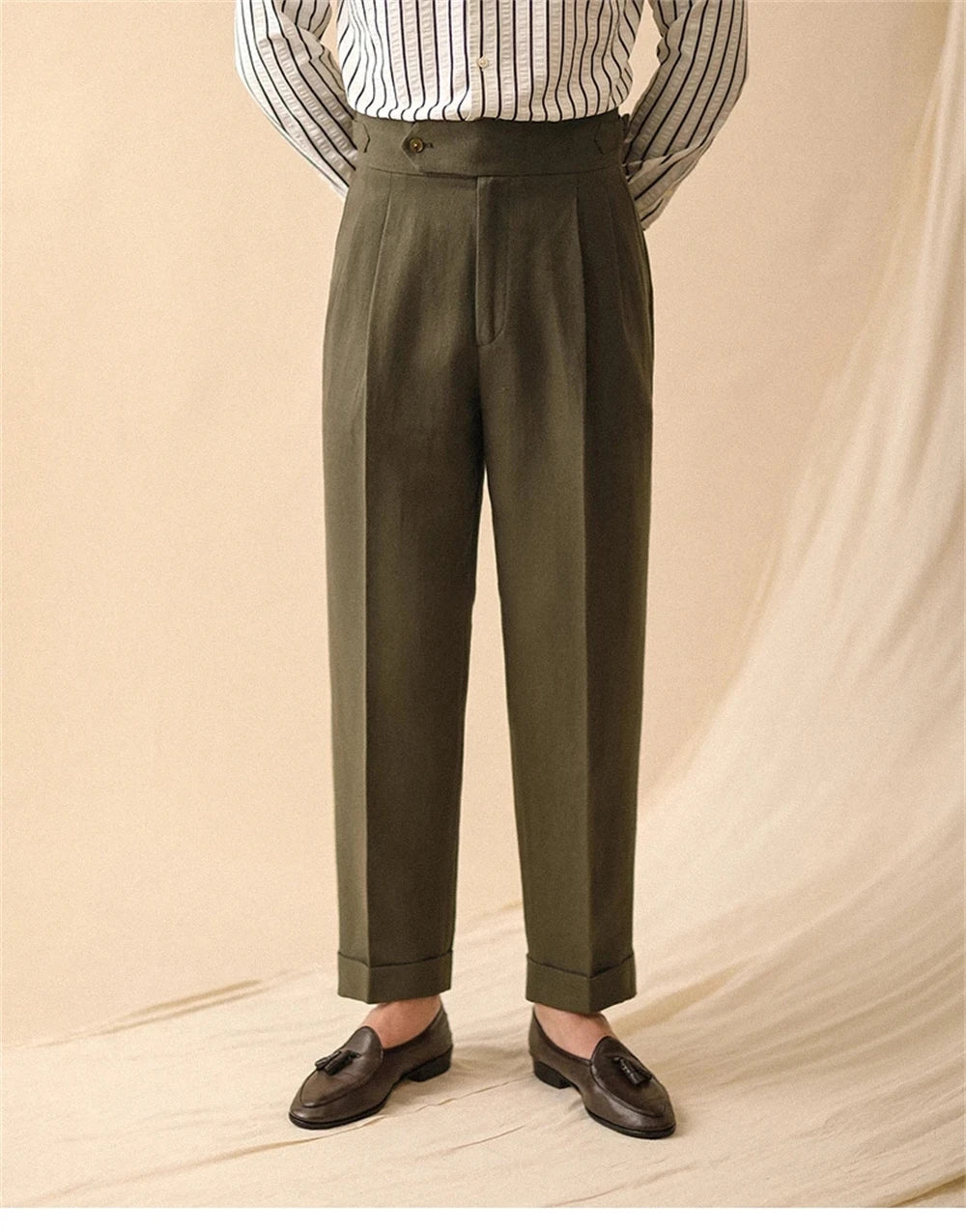 Men's Straight-Leg Linen Pants, Business Casual Summer Trousers, Naples, Paris Buckle, Drapey, High-Waisted Formal Pants for Men