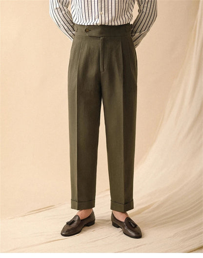 Men's Straight-Leg Linen Pants, Business Casual Summer Trousers, Naples, Paris Buckle, Drapey, High-Waisted Formal Pants for Men