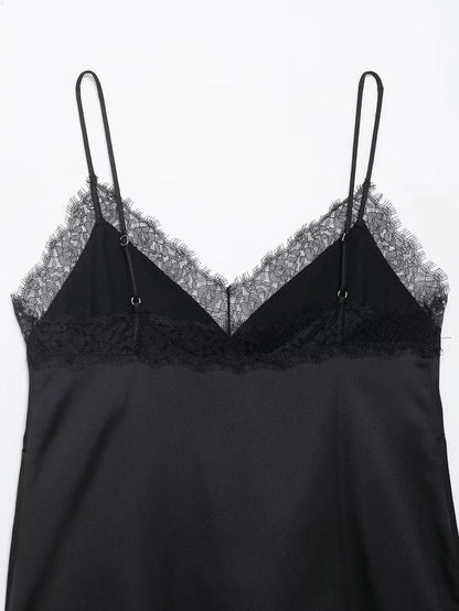 Sexy Satin Cami Top with Lace Trim