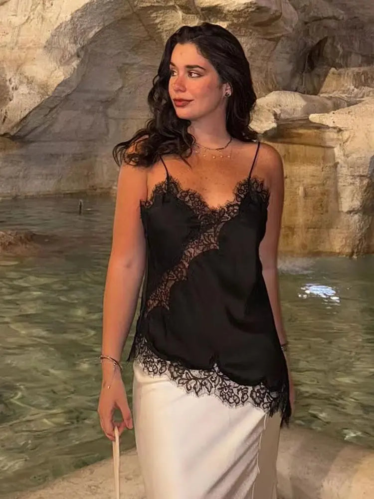Lace-paneled camisole tops