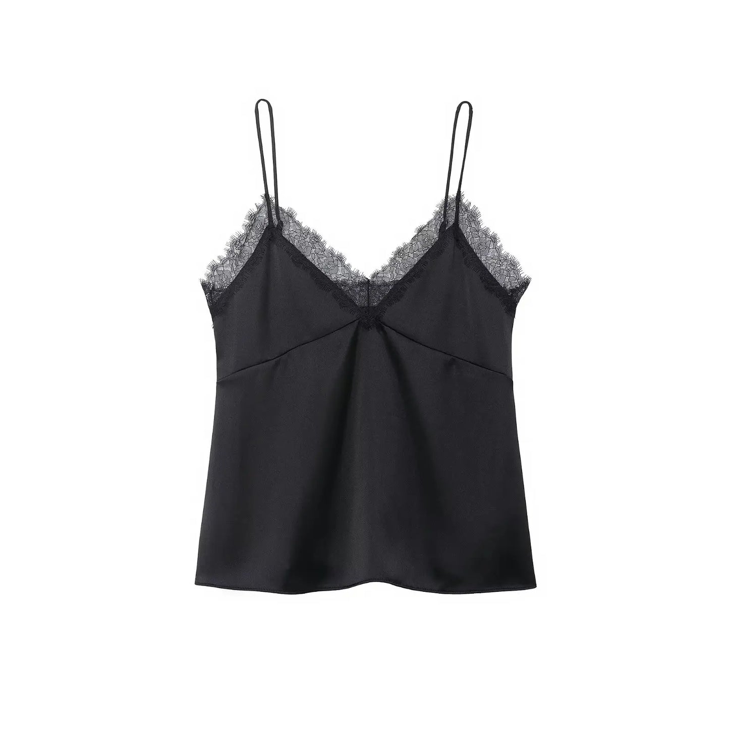 Sexy Satin Cami Top with Lace Trim