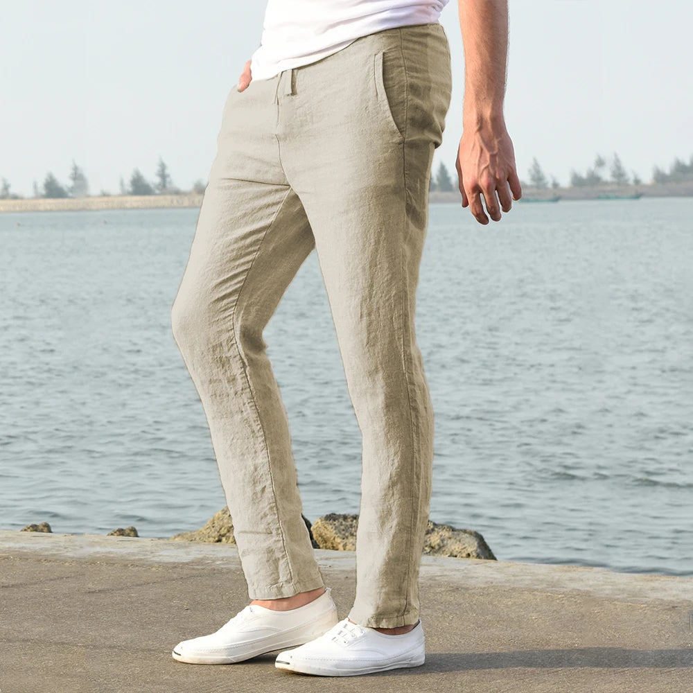 Solid color linen and cotton trousers