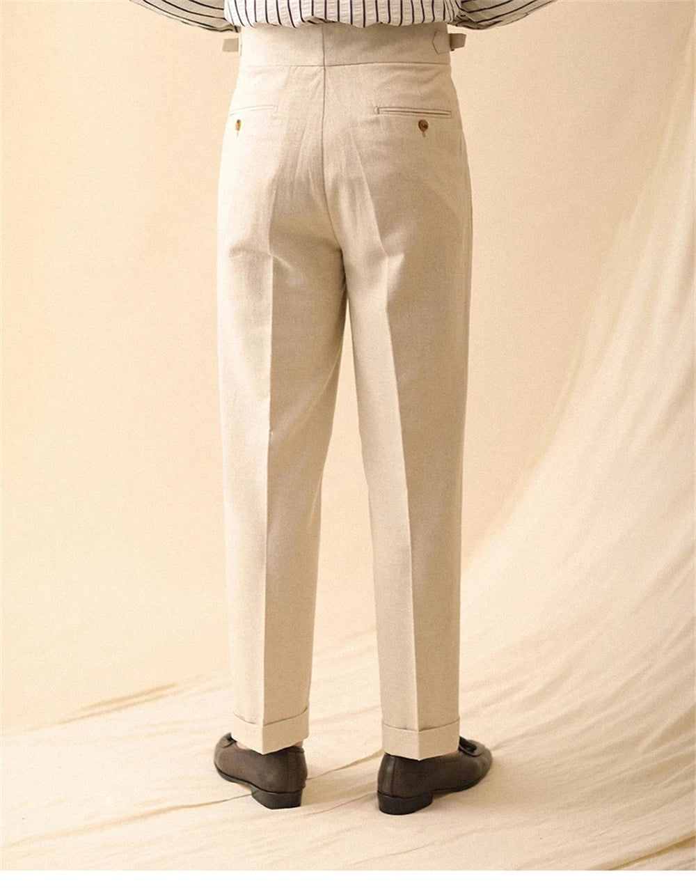 Men's Straight-Leg Linen Pants, Business Casual Summer Trousers, Naples, Paris Buckle, Drapey, High-Waisted Formal Pants for Men