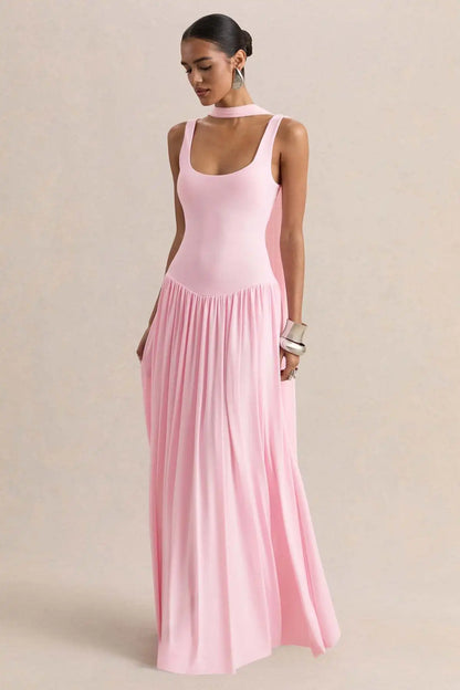 vestido largo sin mangas con cuello en U