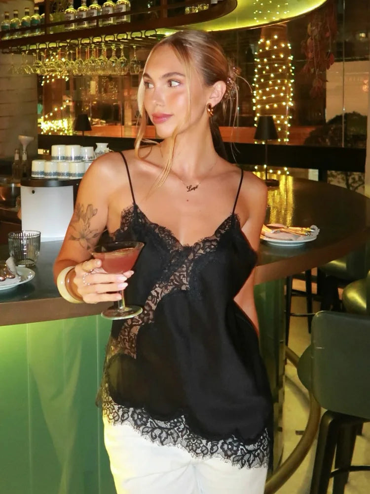 Lace-paneled camisole tops