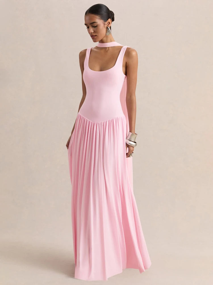 vestido largo sin mangas con cuello en U