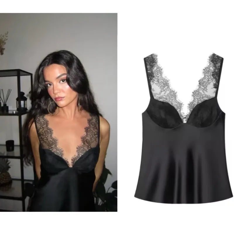 Satin lace cami with spaghetti straps