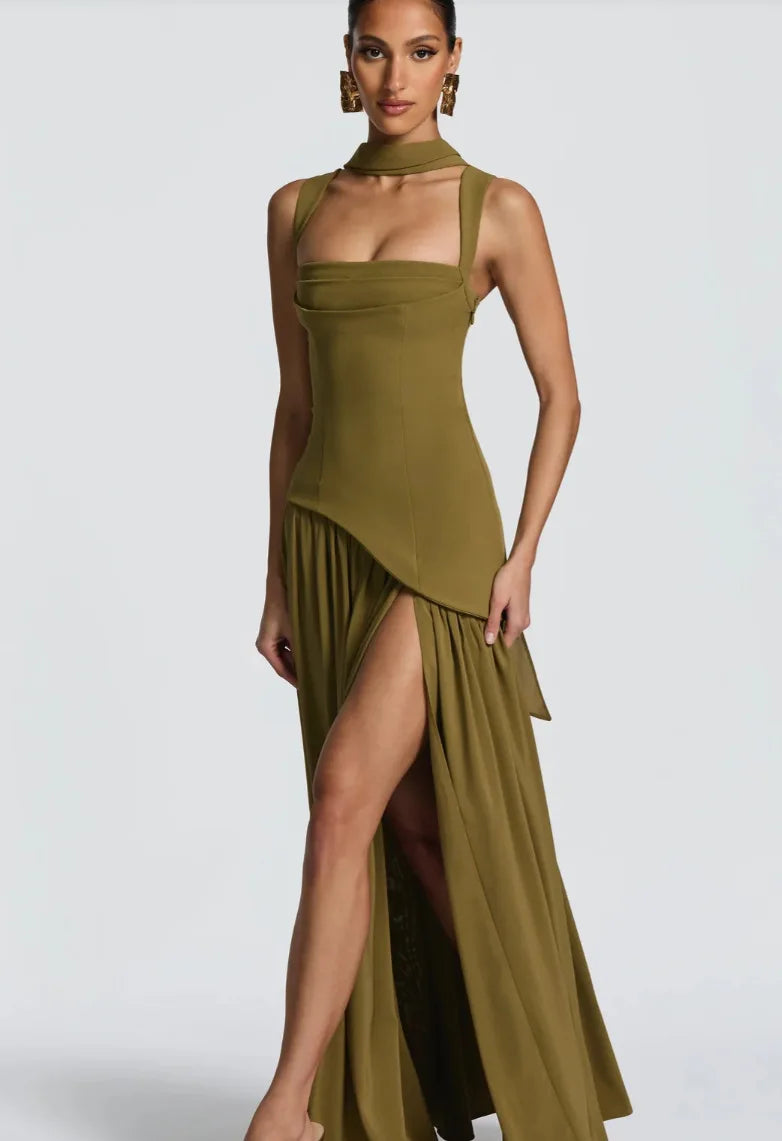 Elegant Olive Green Long Dress