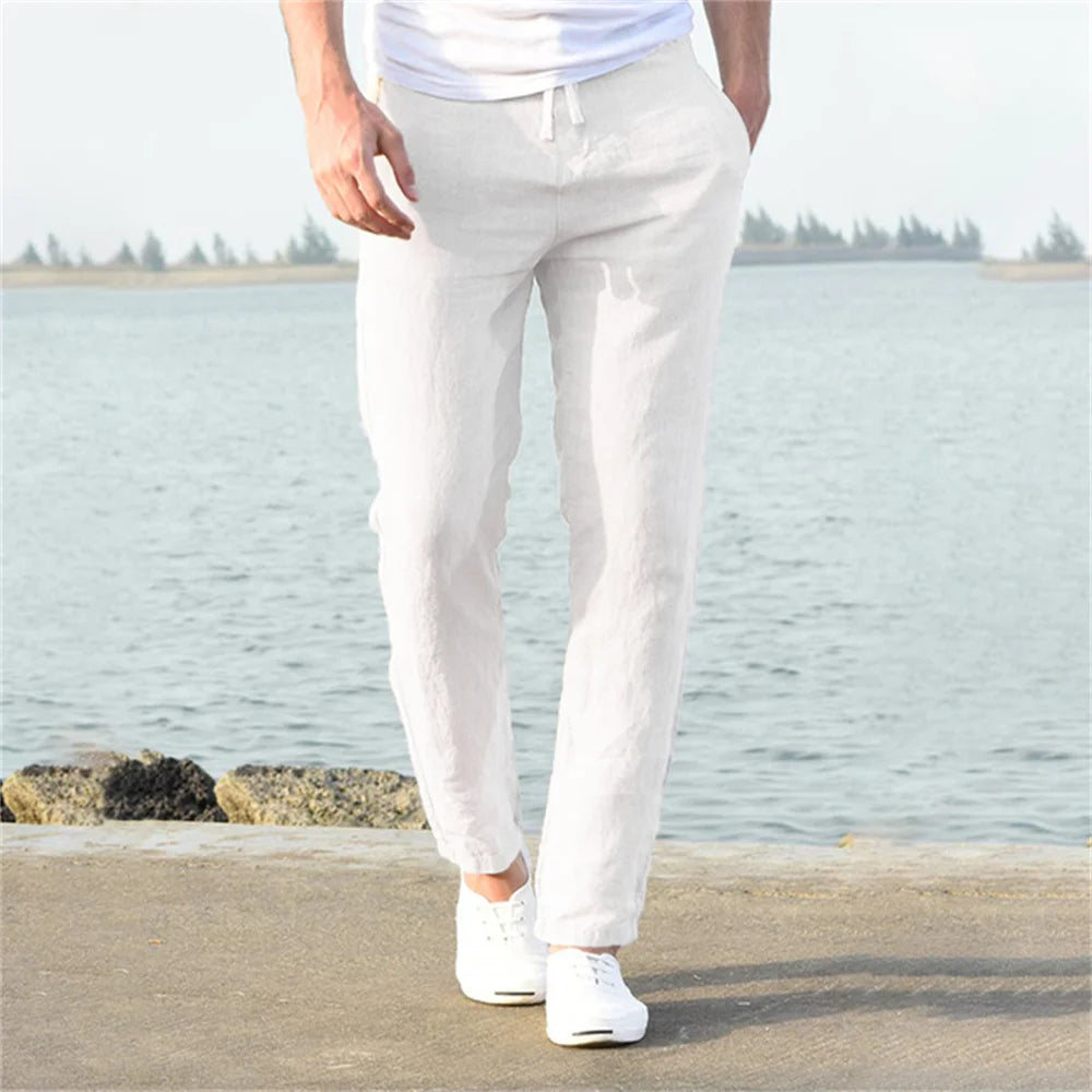 Solid color linen and cotton trousers