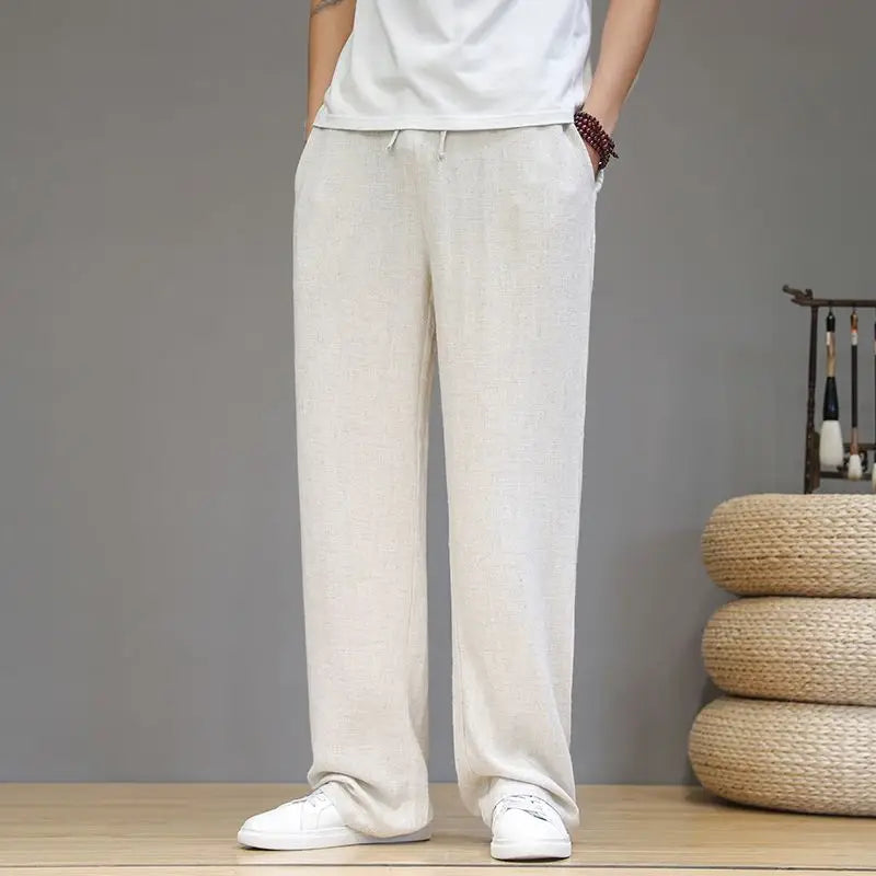 Linen Pants with Straight Cut, Elastic Waist