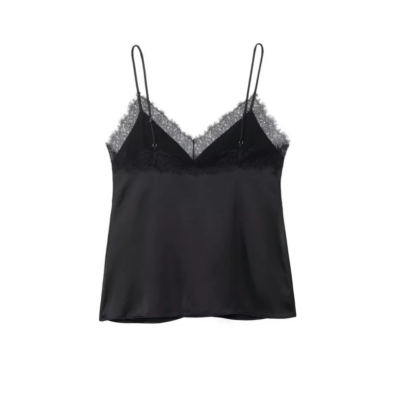 Sexy Satin Cami Top with Lace Trim