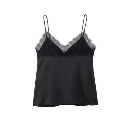 Sexy Satin Cami Top with Lace Trim