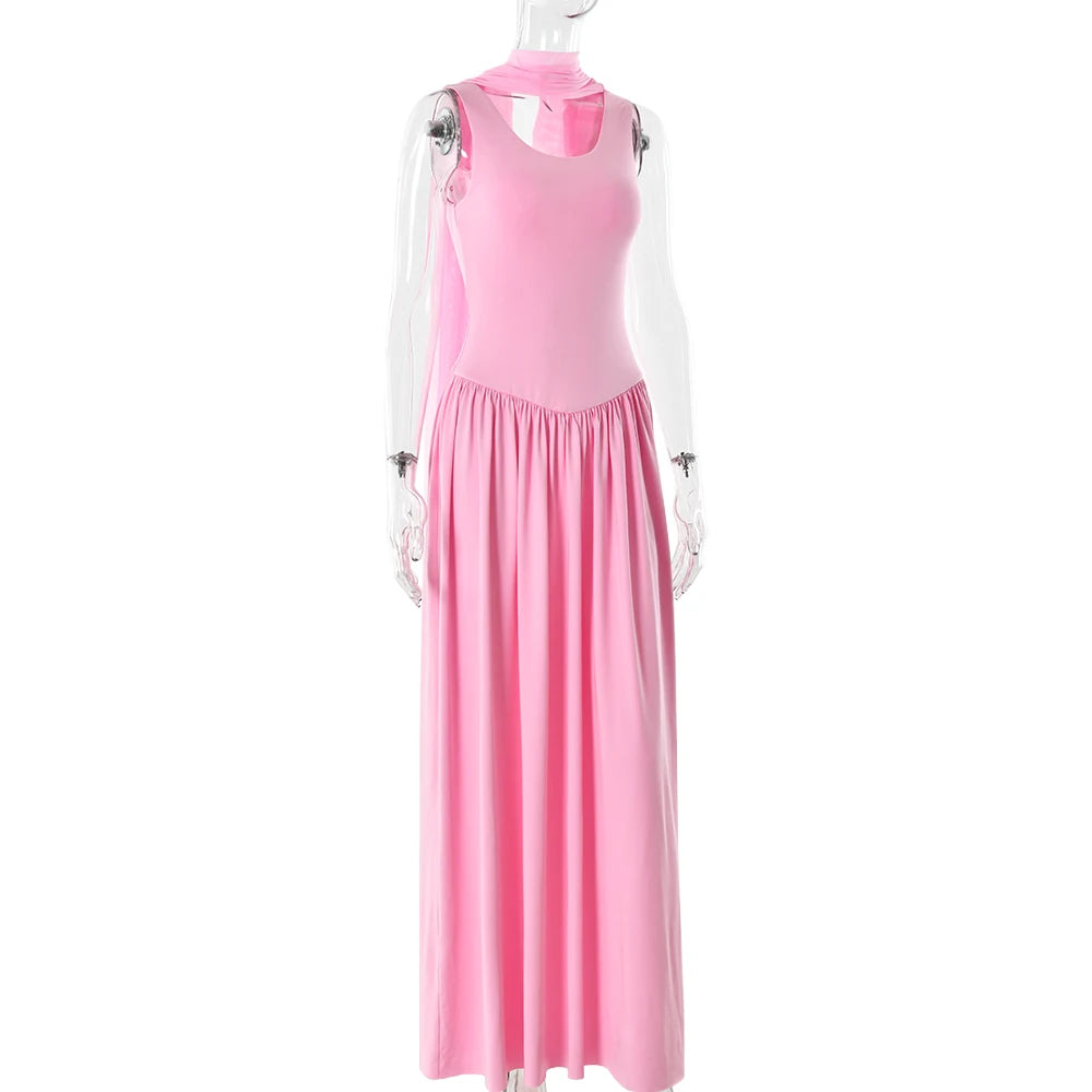 vestido largo sin mangas con cuello en U