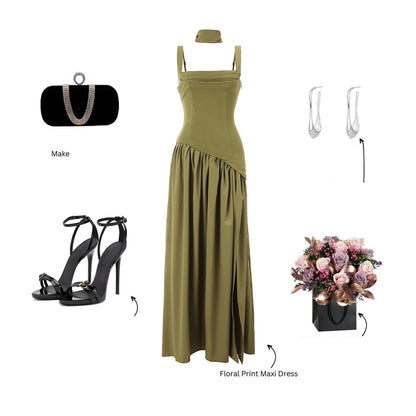 Elegant Olive Green Long Dress