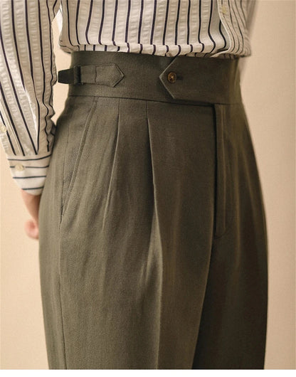 Men's Straight-Leg Linen Pants, Business Casual Summer Trousers, Naples, Paris Buckle, Drapey, High-Waisted Formal Pants for Men