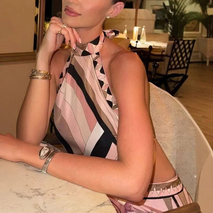 Halter Printed Miniskirt Sets Sexy Sleeveless Top