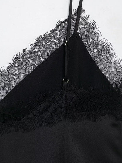 Sexy Satin Cami Top with Lace Trim