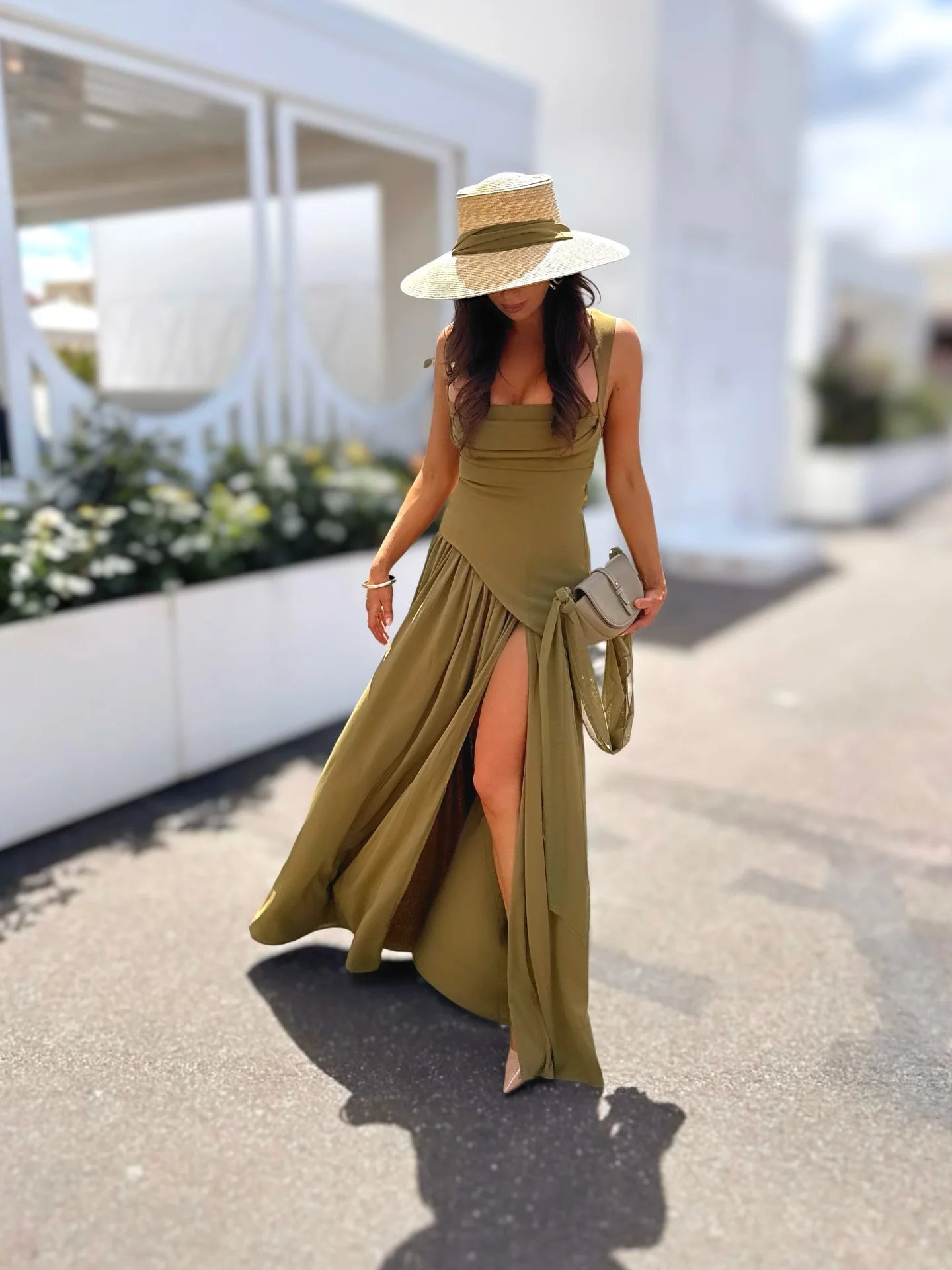 Elegant Olive Green Long Dress
